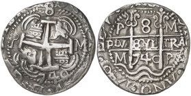 1740. Felipe V. Potosí. M. 8 reales. (Cal. 838) (Lázaro 293). 27,07 g. Redona. Tipo "real". Triple fecha. Bella. Muy rara y más así. EBC-.