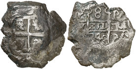 1740. Felipe V. Potosí. P (Diego de Puy). 8 reales. (Cal. 902) (Paoletti 388 bis). 26,72 g. Doble fecha. BC+.