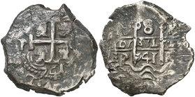 1741. Felipe V. Potosí. P. 8 reales. (Cal. 903) (Paoletti 389). 26,73 g. Triple fecha. MBC-.