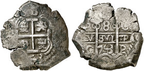 1743. Felipe V. Potosí. C (José Carnicer). 8 reales. (Cal. 906) (Paoletti 393). 26,98 g. Doble fecha. MBC.