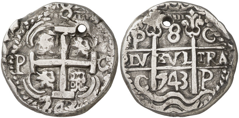 1743. Felipe V. Potosí. C. 8 reales. (Cal. 843) (Lázaro 298). 26,06 g. Redonda. ...