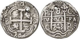 1743. Felipe V. Potosí. C. 8 reales. (Cal. 843) (Lázaro 298). 26,06 g. Redonda. Tipo "real". Doble fecha. Módulo pequeño y flan grueso. Perforación. M...