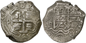 1745. Felipe V. Potosí. q (Luís Aldave de Quintanilla). 8 reales. (Cal. 909) (Paoletti 396). 25,23 g. Doble fecha. MBC.