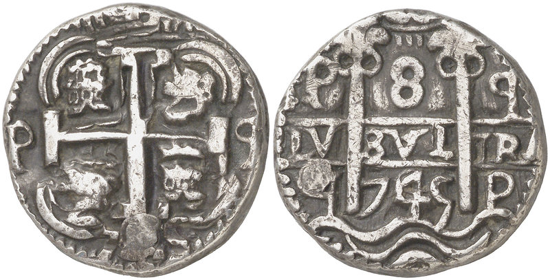1745. Felipe V. Potosí. q. 8 reales. (Cal. 846) (Lázaro 301). 26,68 g. Redonda. ...
