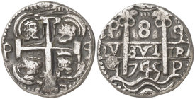 1745. Felipe V. Potosí. q. 8 reales. (Cal. 846) (Lázaro 301). 26,68 g. Redonda. Tipo "real". Doble fecha. Cospel pequeño y flan grueso. No se aprecia ...