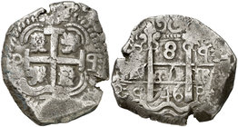 1746. Felipe V. Potosí. q. 8 reales. (Cal. 910) (Paoletti 397). 26,90 g. Doble fecha, una parcial. MBC.