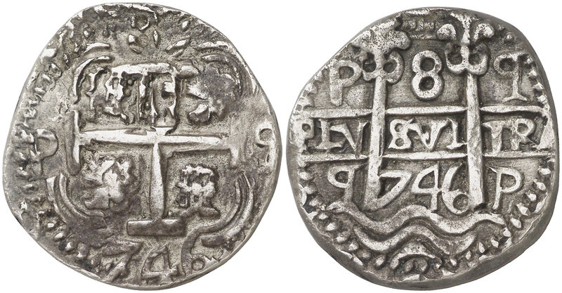1746. Felipe V. Potosí. q. 8 reales. (Cal. 847) (Lázaro 303). 25,42 g. Redonda. ...