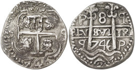 1746. Felipe V. Potosí. q. 8 reales. (Cal. 847) (Lázaro 303). 25,42 g. Redonda. Tipo "real". Doble fecha. Cospel pequeño y flan grueso. No se aprecian...