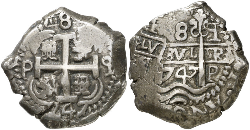 1747. Fernando VI. Potosí. q. 8 reales. (Cal. 357) (Paoletti 400). 26,74 g. Nomb...