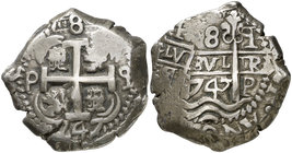 1747. Fernando VI. Potosí. q. 8 reales. (Cal. 357) (Paoletti 400). 26,74 g. Nombre del rey no visible, podría ser de Felipe V. Doble fecha. MBC.
