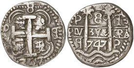 1747. Fernando VI. Potosí. q. 8 reales. (Cal. 347) (Lázaro A310, mismo ejemplar). 26,60 g. Redonda. Tipo "real". Doble fecha. Cospel pequeño y flan gr...
