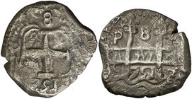 1751. Fernando VI. Potosí. q. 8 reales. (Cal. 363) (Paoletti 418 sim). 22,57 g. La q del espacio superior en reverso, rectificada sobre una E de Escal...