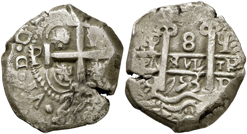 1753. Fernando VI. Potosí. q. 8 reales. (Cal. 365) (Paoletti 406). 26,50 g. Dobl...