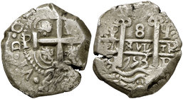 1753. Fernando VI. Potosí. q. 8 reales. (Cal. 365) (Paoletti 406). 26,50 g. Doble fecha, y ordinal VI visible. Buen ejemplar. MBC+.