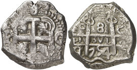 1754. Fernando VI. Potosí. C y q. 8 reales. (Cal. 371) (Paoletti 422). 26,48 g. La C de Caballero en anverso y espacio superior derecho del reverso, l...