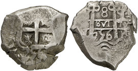 1756. Fernando VI. Potosí. q. 8 reales. (Cal. 373) (Paoletti 409). 27,03 g. Doble fecha. MBC-.