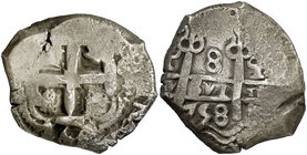 1758. Fernando VI. Potosí. q. 8 reales. (Cal. 375) (Paoletti 411). 26,24 g. Doble fecha, una parcial. BC+/MBC-.