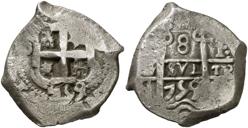 1759. Fernando VI. Potosí. q. 8 reales. (Cal. 376) (Paoletti 412). 26,46 g. Dobl...