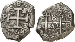 1762. Carlos III. Potosí. V. 8 reales. (Cal. 949) (Paoletti 433 var). 26,58 g. Doble fecha y triple ensayador. Magnífica. Rara así. EBC-.