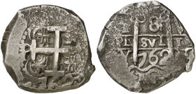 1762. Carlos III. Potosí. V e Y. 8 reales. (Cal. falta) (Paoletti 433). 26,93 g. Doble fecha. MBC.