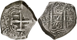 1763. Carlos III. Potosí. V e Y. 8 reales. (Cal. falta) (Paoletti 434). 26,81 g. Doble fecha. Ensayador V en espacio superior derecho, Y en inferior i...