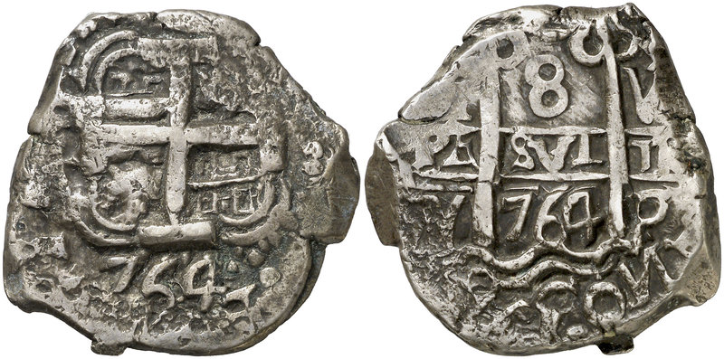 1764. Carlos III. Potosí. V e Y. 8 reales. (Cal. falta) (Paoletti 435). 26,86 g....