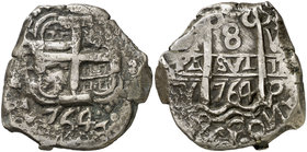1764. Carlos III. Potosí. V e Y. 8 reales. (Cal. falta) (Paoletti 435). 26,86 g. Triple fecha, una parcial. Ensayador V en anverso y en espacio superi...