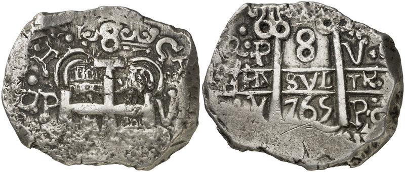 1765. Carlos III. Potosí. V e Y. 8 reales. (Cal. falta) (Paoletti 436). 27,01 g....