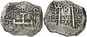 1765. Carlos III. Potosí. V e Y. 8 reales. (Cal. falta) (Paoletti 436). 27,01 g. Ensayador V en anverso y en espacio superior derecho del reverso, Y e...