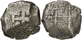 1766. Carlos III. Potosí. V. 8 reales. (Cal. 953) (Paoletti ¿437?). 26,56 g. Doble fecha. Sólo visible una V en espacio superior derecho del reverso. ...