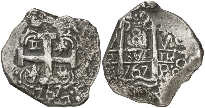 1767. Carlos III. Potosí. V. 8 reales. (Cal. 954) (Paoletti ¿438?). 23,70 g. Dob...