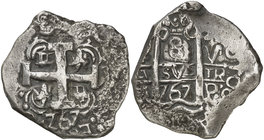 1767. Carlos III. Potosí. V. 8 reales. (Cal. 954) (Paoletti ¿438?). 23,70 g. Doble fecha. Ensayador visible en anverso y espacio superior derecho del ...