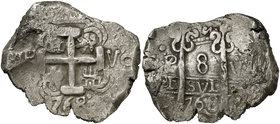 1768. Carlos III. Potosí. V. 8 reales. (Cal. 955) (Paoletti ¿439?). 26,36 g. Doble fecha. Ensayador visible en anverso y en espacio superior derecho d...