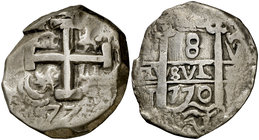 1770. Carlos III. Potosí. V y J. 8 reales. (Cal. 960) (Paoletti 443). 21,70 g. Doble fecha, una parcial. V en espacio superior derecho y J en inferior...