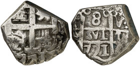 1771/0. Carlos III. Potosí. V. 8 reales. (Cal. 961) (Paoletti falta). 15,86 g. Doble fecha, rectificación muy clara en anverso. Ensayador visible en a...