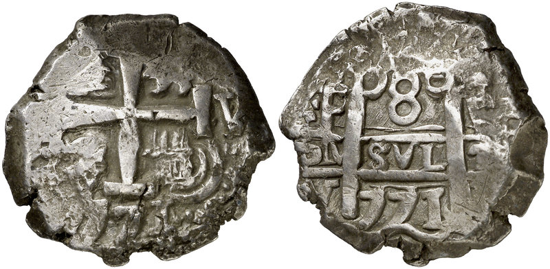 1771. Carlos III. Potosí. V e Y. 8 reales. (Cal. y Paoletti falta). 27,06 g. Dob...