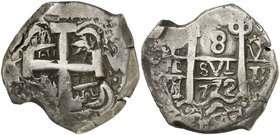 1772. Carlos III. Potosí. V y Y. 8 reales. (Calicó y Paoletti falta). 26,84 g. Ensayador V en anverso y en espacio superior derecho del reverso, Y rec...