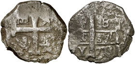 1773. Carlos III. Potosí. Y. 8 reales. (Cal. falta) (Paoletti ¿452?). 25,65 g. Ensayador sólo visible en espacio inferior izquierdo del reverso. Rara ...