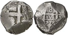 1778. Carlos III. Potosí. 8 reales. 26,99 g. En 1773, con la introducción del tipo de busto, dejó de batirse moneda macuquina en Potosí. El presente e...