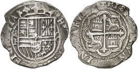 s/d. Felipe II. México. F. 8 reales. (Cal. 154). 27,17 g. Nombre y ordinal del rey parcialmente visibles. Cospel irregular, pero muy bien acuñada. Rar...