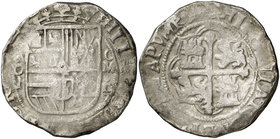 s/d. Felipe III. México. F-D. 8 reales. (Cal. 87). 27,43 g. Ordinal del rey bastante claro, aunque parcial. Muy rara. MBC.