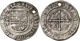 s/d (1598-1606). Felipe III. México. F. 8 reales. (Cal. 84) (Lázaro 32, mismo cuño de anverso). 26,61 g. Redonda. Tipo "real". Perforación. Ex Colecci...