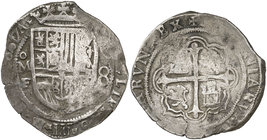1607. Felipe III. México. F. 8 reales. (Cal. falta) (Kr. 44.3). 27,35 g. La fecha rectificada sobre (GR)ATIA. Primera moneda con fecha de una ceca ame...