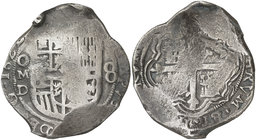 1628/7. Felipe IV. México. D. 8 reales. (Cal. 321 var) (Kr. no reseña la rectificación). 26,94 g. Rara. MBC-.
