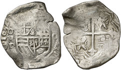 1632. Felipe IV. México. D. 8 reales. (Cal. 326). 26,57 g. Rara con todos los datos visibles. MBC-.