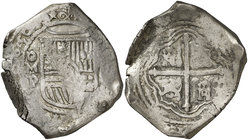 1650/49. Felipe IV. México. P. 8 reales. (Cal. 350 var) (Kr. no reseña la rectificación). 27,06 g. Rara. MBC-.