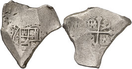 (17)04. Felipe V. México. (L). 8 reales. (Cal. 734). 24,76 g. Cospel muy irregular, ensayador fuera del flan. Rara. BC+.