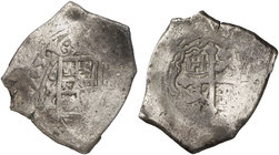 1705. Felipe V. México. L. 8 reales. (Cal. falta) (Kr. 47). 26,79 g. Calicó sólo cataloga esta pieza con ensayador J (desconocido). Muy rara. MBC.