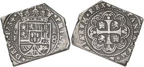 1734. Felipe V. México. MF. 8 reales. (Cal. 770). 26,94 g. Tipo "klippe". Bella. Rara y más así. EBC.