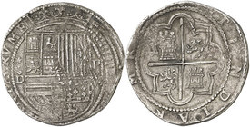 s/d. Felipe II. Lima. D. 8 reales. (Cal. 144). 27,13 g. Anverso con ligera doble acuñación. Rara. MBC+.